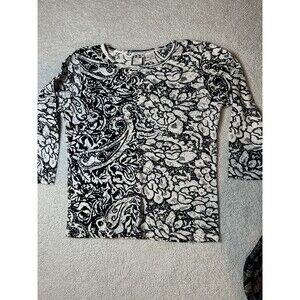 Take Two Sequined Black And White Top, Floral Print, 3/4 Sleeve Tee Shirt, Y2K M
